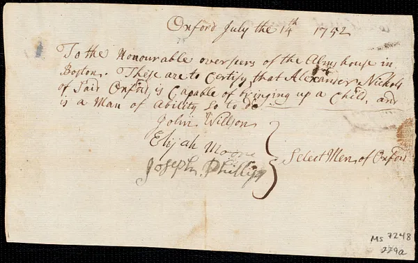 John Ivers indentured to apprentice with Alexander [Allexander] Nichols of Oxford, 28 August 1752
