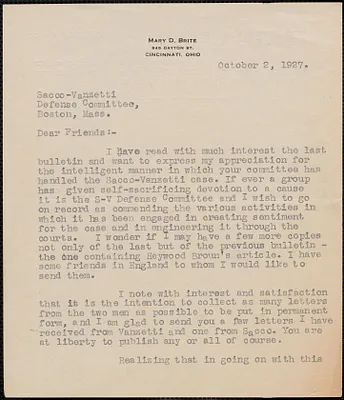 Mary D. Brite typed letter signed to Sacco-Vanzetti Defense Committee, Cincinnati, Ohio, October 2, 1927