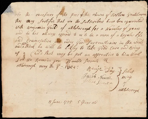 William Camell [Cambell] indentured to apprentice with Benjamin Guild of Attleboro, 3 April 1755