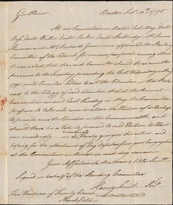 Letter from Henry Smith, secretary of the Standing Committee of the Diocese of the Commonwealth to the Wardens of Trinity Church