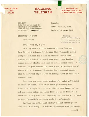 Telegram from Alexander Kirk to Secrertary of State Edward Stettinius