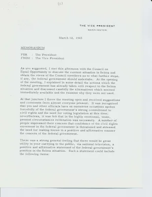 Memorandum from Vice President Hubert H. Humphrey to President Lyndon B. Johnson
