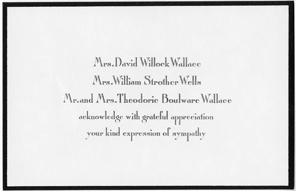 Mourning Card from Madge (Mrs. David Willock) Wallace to Virginia Willock Wallace
