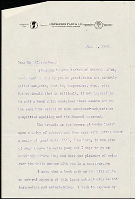 Page, Walter Hines, 1855-1918 typed letter signed to Hugo Münsterberg, New York, 05 January 1908