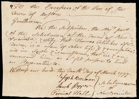 Mary Jones indentured to apprentice with Thomas Fletcher of New Braintree, 8 April 1777