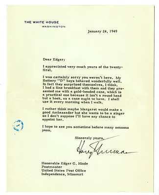 Letter from Harry S. Truman to Edgar Hinde