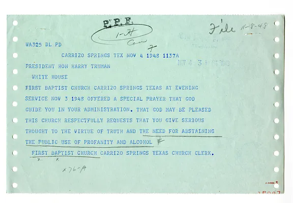 Telegram from First Baptist Church, Carrizo Springs, Texas to President Harry S. Truman