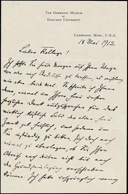 Francke, Kuno, 1855-1930 autograph letter signed to Hugo Münsterberg, Cambridge, Mass., 18 May 1912