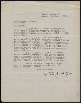 Antonio Jimenez typed letter signed to Sacco-Vanzetti Defense Committee, Chicago, Ill., July 20, 1924
