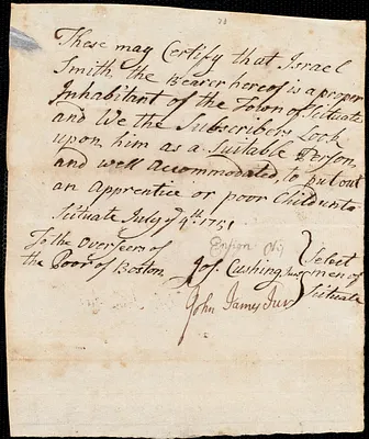Hannah West indentured to apprentice with Israel Smith of Scituate, 5 August 1751