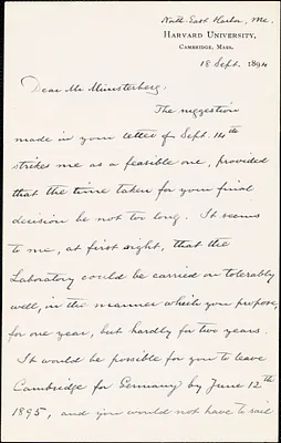 Eliot, Charles William, 1834-1926 autograph letter signed to Hugo Münsterberg, North East Harbor, Me., 18 September 1894