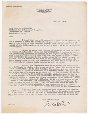 Letter from George W. Dexter to the Honorable George W. Wickersham Describing the Adverse Effects of the Press on the Legal System