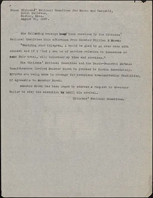 Citizens National Committee for Sacco and Vanzetti press release (copy), Boston, Mass., August 21, 1927