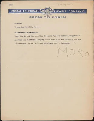 Joseph Moro telegram (copy) to Ferandel, [Boston, Mass., August 22, 1927]