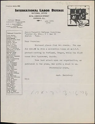 International Labor Defense typed note to Sacco-Vanzetti Defense Committee, Chicago, Ill., [May 19, 1927]