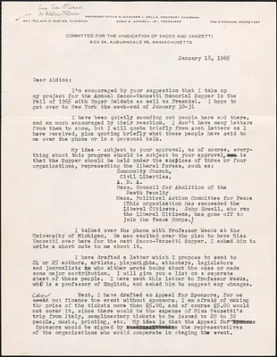 Tom O'Connor (Committee for the Vindication for Sacco and Vanzetti) typed letter signed to Aldino Felicani, Auburndale, Mass., January 18, 1965