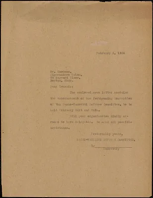 Sacco-Vanzetti Defense Committee typed letter (copy) to Mr. Goodman (Cigarmakers Union), Boston, Mass., February 4, 1924