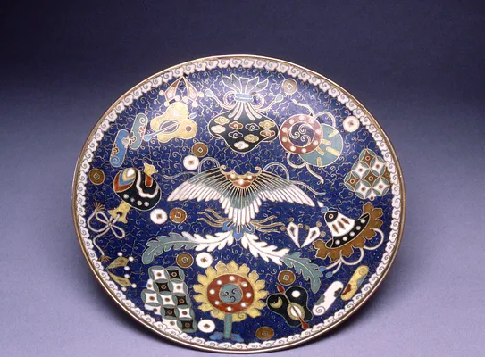 Cloisonne Enamel Dish Depicting the ""Takara-Mono"" (""Precious Things""), Symbolic of Health, Prosperity, and Longevity (treasures of the gods of good fortune)