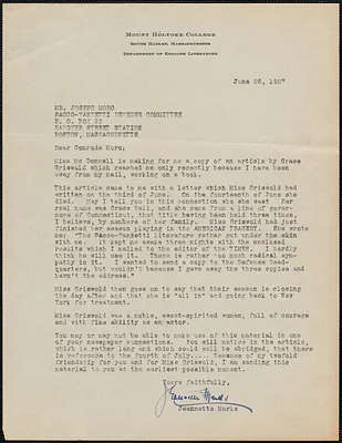 Jeanette Marks typed letter signed to Joseph Moro, South Hadley, Mass., June 28, 1927