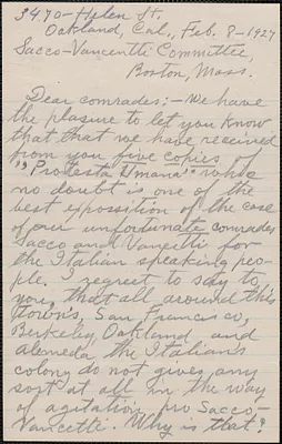 Blas Lara autograph letter signed to Sacco-Vanzetti Defense Committee, Oakland, Calif., February 8, 1927