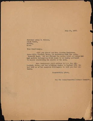 Sacco-Vanzetti Defense Committee typed letter (copy) to Alvan T. Fuller, Boston, Mass., July 20, 1927