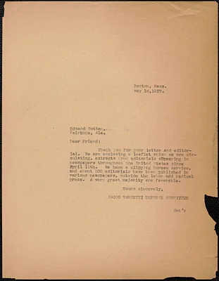 Sacco-Vanzetti Defense Committee typed note (copy) to Edward Parker Totten, Boston, Mass., May 16, 1927