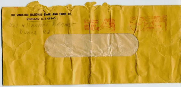 Empty Envelope from the Vineland National Bank and Trust Company, Vineland, New Jersey, with the Handwritten Notation "Congratulations Grandpa!" Written on the Reverse