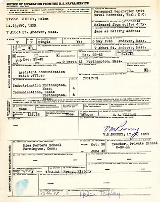 Notice of separation, Helen Ripley, Abbot Academy, class of 1930