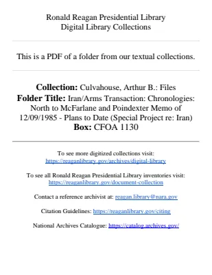 Iran/Arms Transaction: Chronologies: North to McFarlane and Poindexter Memo of 12/09/1985 - Plans to Date (Special Project re: Iran)