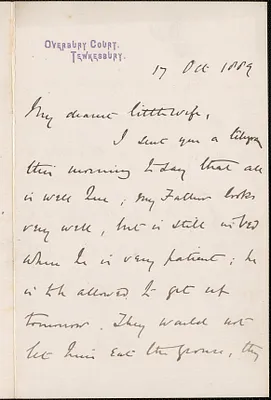 [John Biddulph Martin] autograph note to [Victoria Woodhull Martin], Tewkesbury [England], October 17, 1889