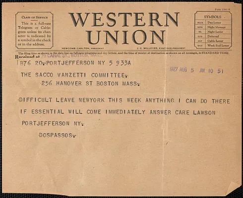 John Dos Passos telegram to Sacco-Vanzetti Defense Committee, Port Jefferson, N.Y., August 5, 1927