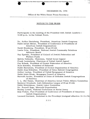 Participants in Meeting With Jewish Leaders in Cabinet Room [Meeting Attendee List]
