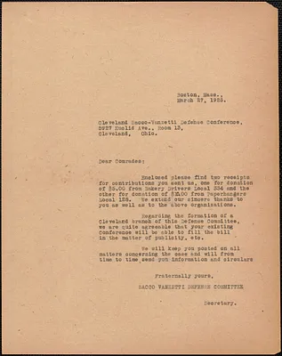 Sacco-Vanzetti Defense Committee typed letter (copy) to Sacco-Vanzetti Defense Committee, Cleveland, Boston, Mass., March 27, 1925