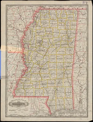 Railroad and county map of Mississippi