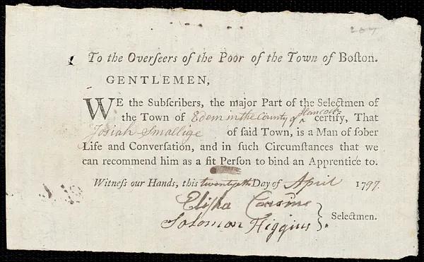 Henry Peterson Clark indentured to apprentice with Josiah Smallige of Eden, 18 April 1797