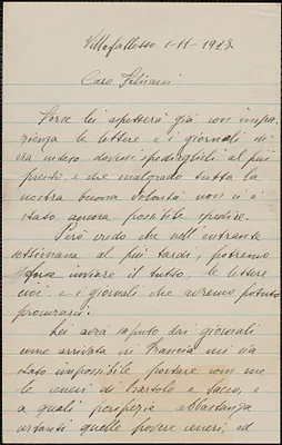 Luisa Vanzetti [Luigia] autograph letter signed, in Italian, to Aldino Felicani, Villafalletto, Italy, November 1, 1927