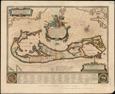Mappa aestivarum insularum, alias Barmudas dictarum, ad ostia Mexicani aestuarij jacentium in latitudine graduum 32 minutorum 25 : Ab Anglia, Londino Scilicet versus Libonotum 3300 miliaribus Anglicanis, et a Roanoack (qui locus est in Virginia) versus Euronotum 500 mill. accurate descripta