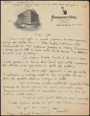 Giuseppe Tomaselli autograph letter signed, in Italian, to Joseph Moro, Providence, R.I., July 5, 1927