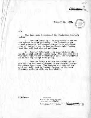 Memorandum of Telephone Conversations with Secretary of State Dean Acheson, Senators Ernest McFarland, Tom Connally, and Charles Tobey