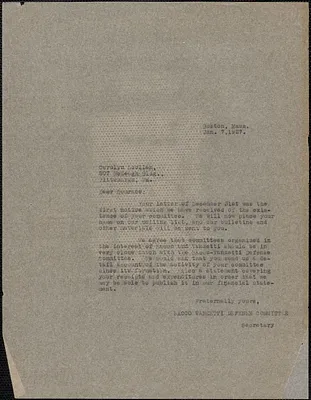 Sacco-Vanzetti Defense Committee typed letter (copy) to Carolyn Scollen, Boston, Mass., January 7, 1927