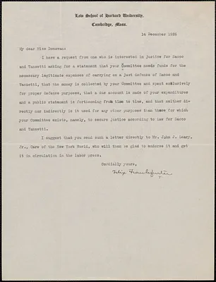 Felix Frankfurter typed letter signed to Mary Donovan, Cambridge, Mass., December 14, 1926