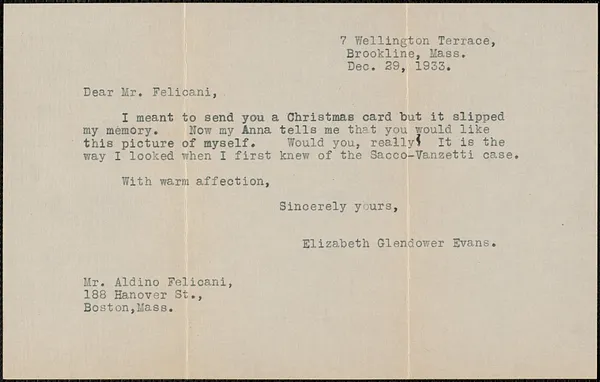 Elizabeth Glendower Evans typed note signed to Aldino Felicani, Brookline, Mass., December 29, 1933