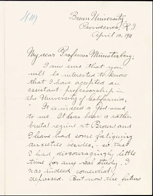 Pope, Arthur Upham, 1881-1969 autograph letter signed to Hugo Münsterberg, Providence, R.I., 10 April 1911