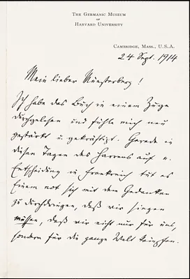 Francke, Kuno, 1855-1930 autograph letter signed to Hugo Münsterberg, Cambridge, Mass., 24 September 1914