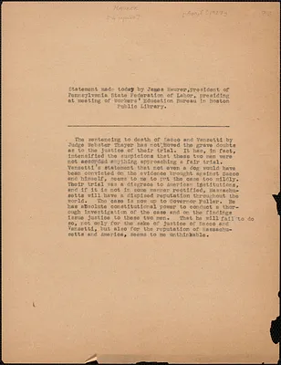 James Maurer (Pennsylvania State Federation of Labor) typed document, Boston, Mass., [April? 1927]