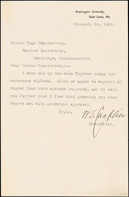 Chaplin, Winfield Scott, 1847-1918 typed letter signed to Hugo Münsterberg, St. Louis, 10 February 1905