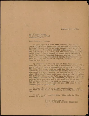 Sacco-Vanzetti Defense Committee typed letter (copy) to Frank Piesco, Boston, Mass., January 30, 1924