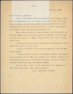 Bartolomeo Vanzetti typed letter (copy) to Gertrude L. Winslow, [Charlestown], 23 March 1927