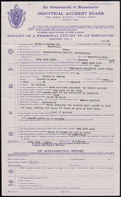 1918 Industrial Accident Board injury report, Victor E. Hanson