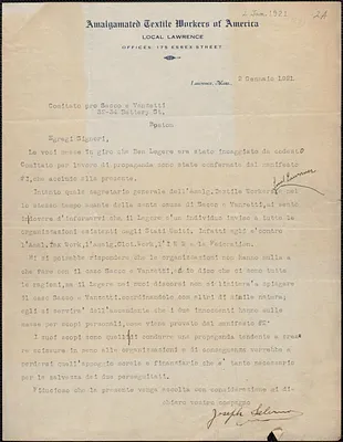 Joseph Salerno (Amalgamated Textile Workers of America, Local Lawrence) typed letter signed, in Italian, to Sacco-Vanzetti Defense Committee, Lawrence, Mass., January 2, 1921
